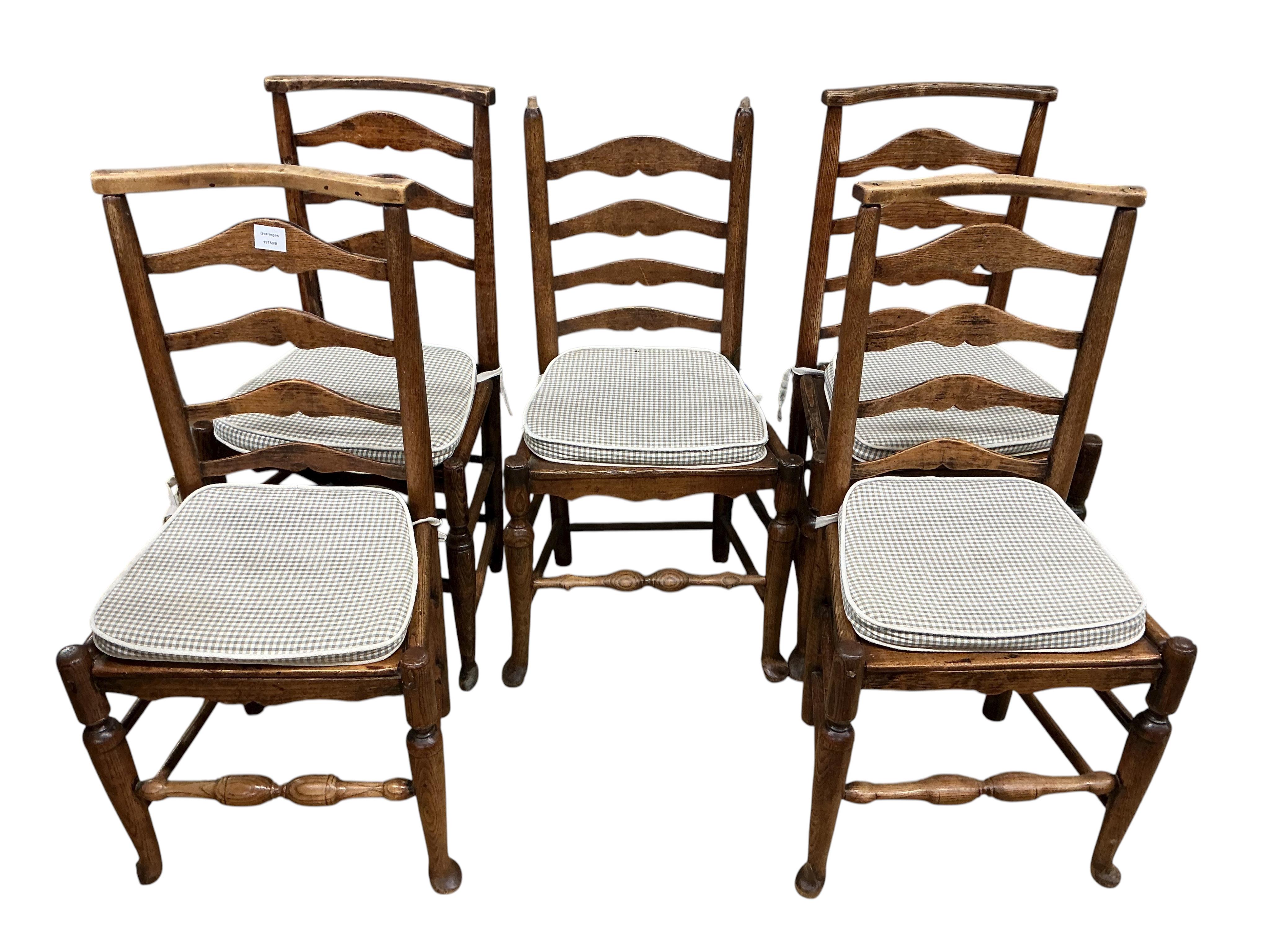 A harlequin set of six early 19th century Provincial ash and elm ladderback rush seated dining chairs (a.f.)